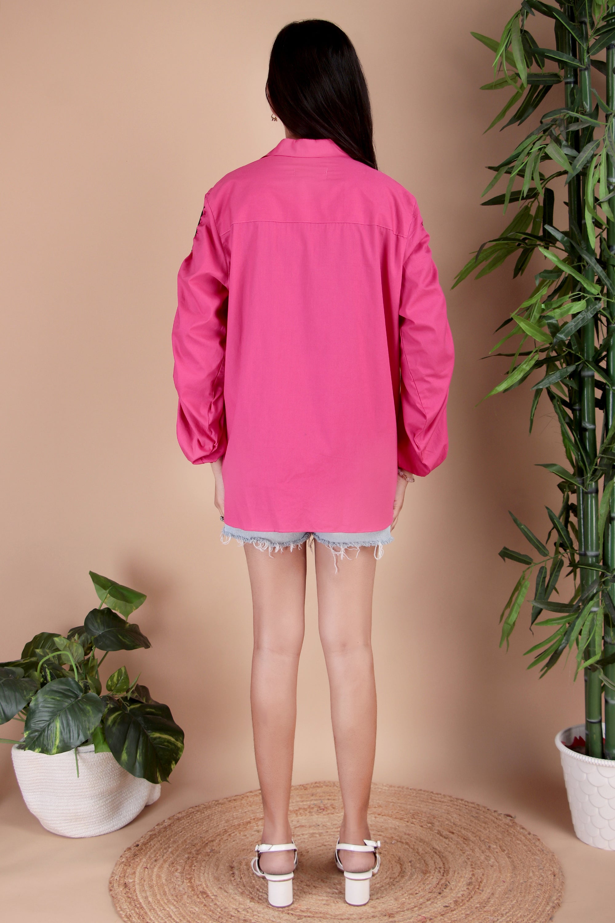 Fuchsia Contrast Sleeve Cotton Poplin Shirt