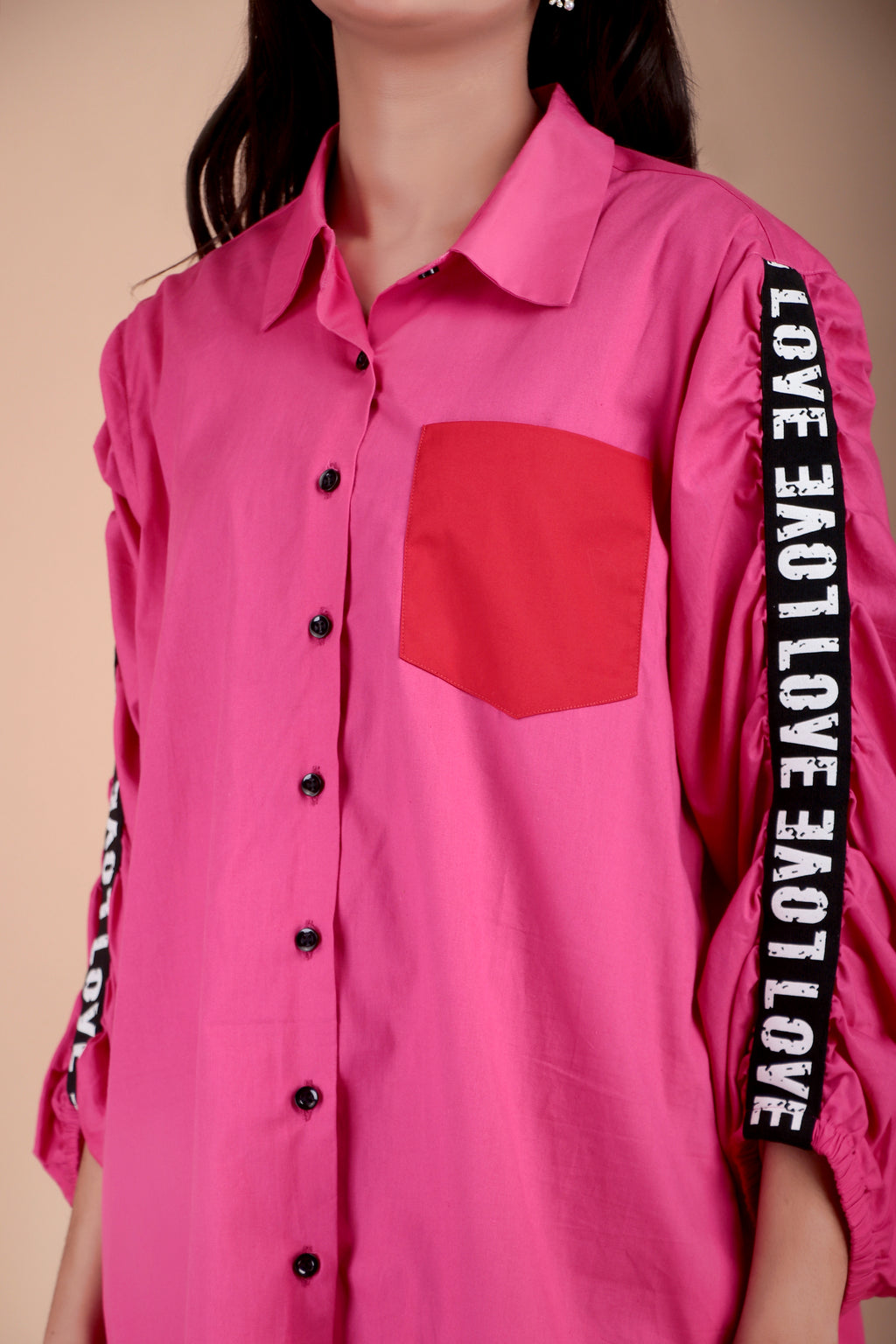 Fuchsia Contrast Sleeve Cotton Poplin Shirt
