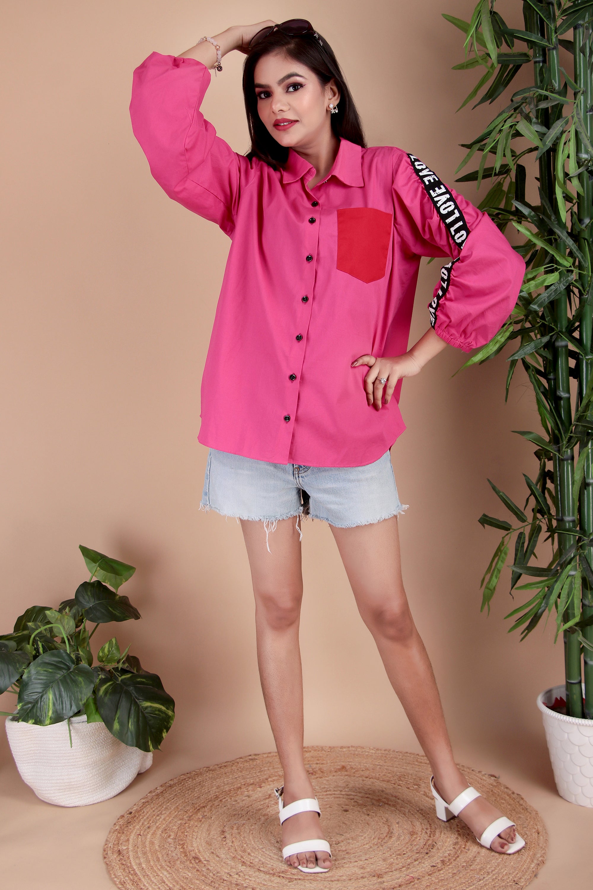 Fuchsia Contrast Sleeve Cotton Poplin Shirt