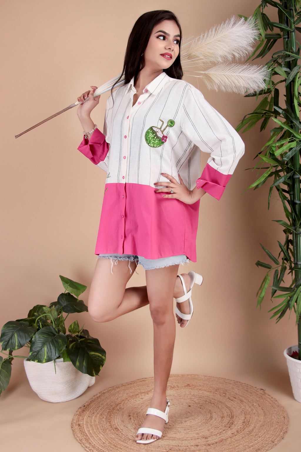 White & Fuchsia Colourblock Cotton Poplin Shirt