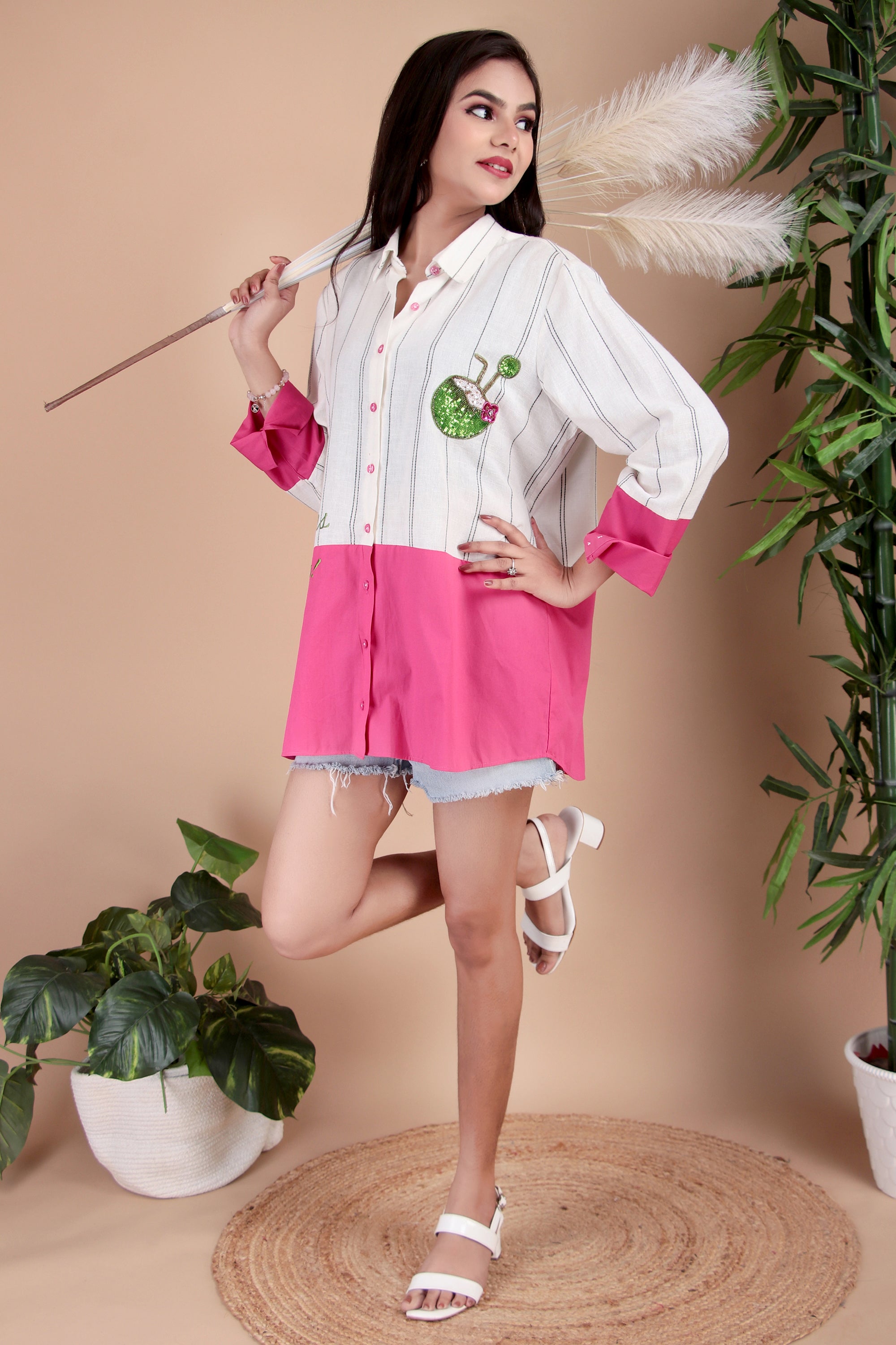 White & Fuchsia Colourblock Cotton Poplin Shirt