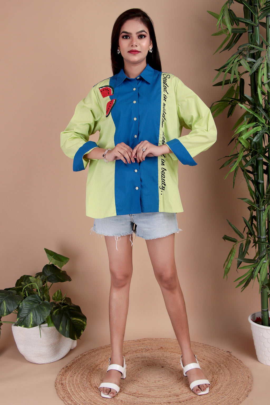 Lime & Cobalt Colourblock Cotton Poplin Shirt