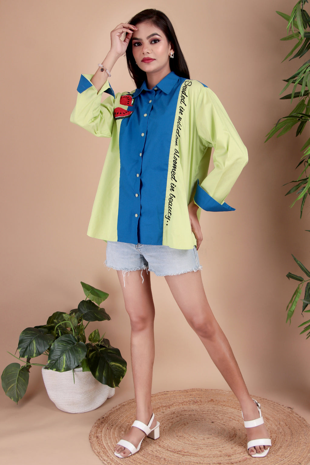 Lime & Cobalt Colourblock Cotton Poplin Shirt