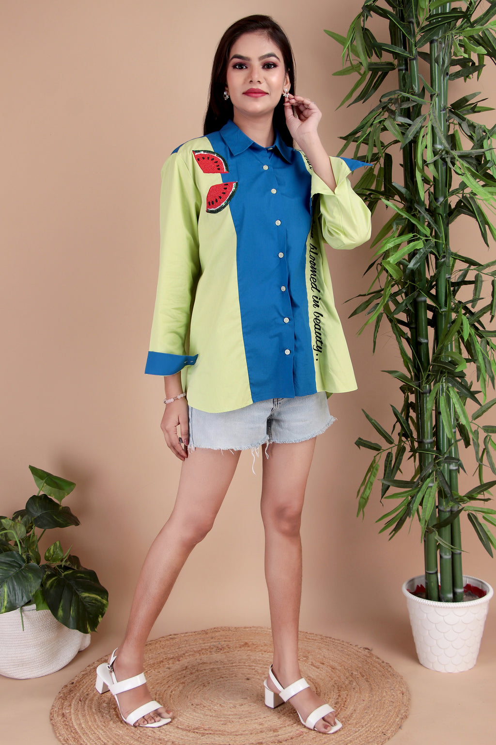 Lime & Cobalt Colourblock Cotton Poplin Shirt