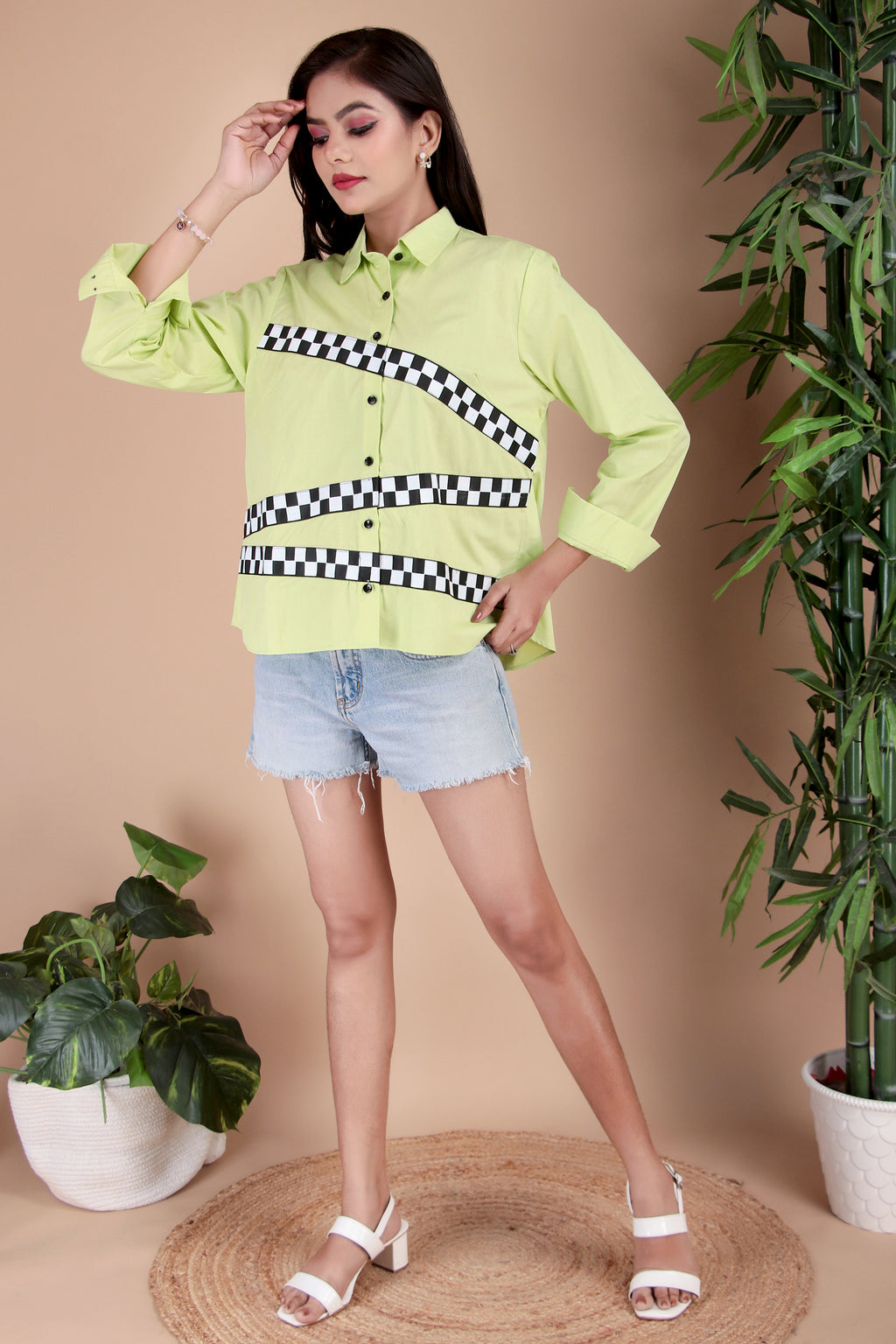 Lime Check Panel Cotton Poplin Shirt