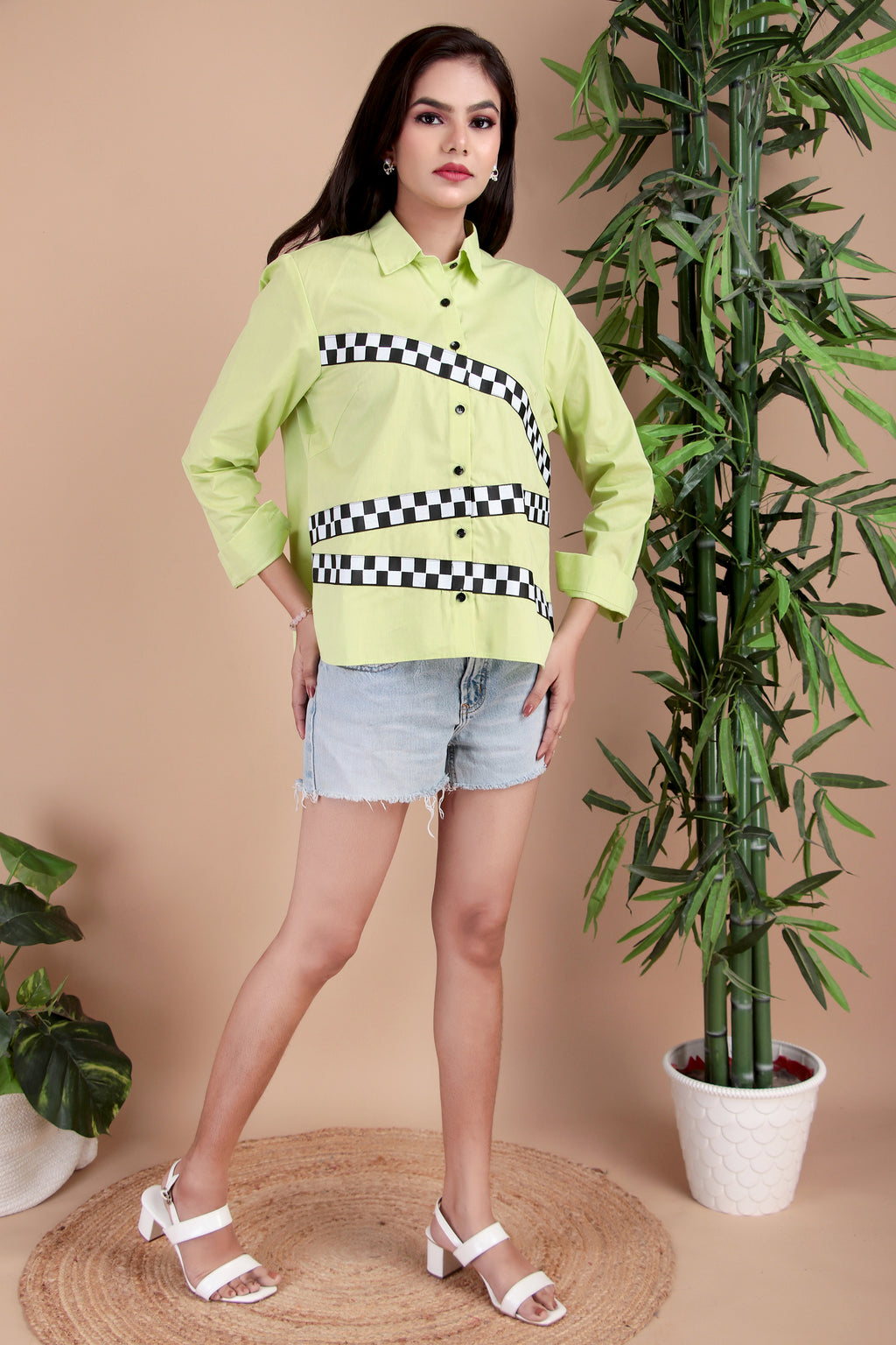 Lime Check Panel Cotton Poplin Shirt