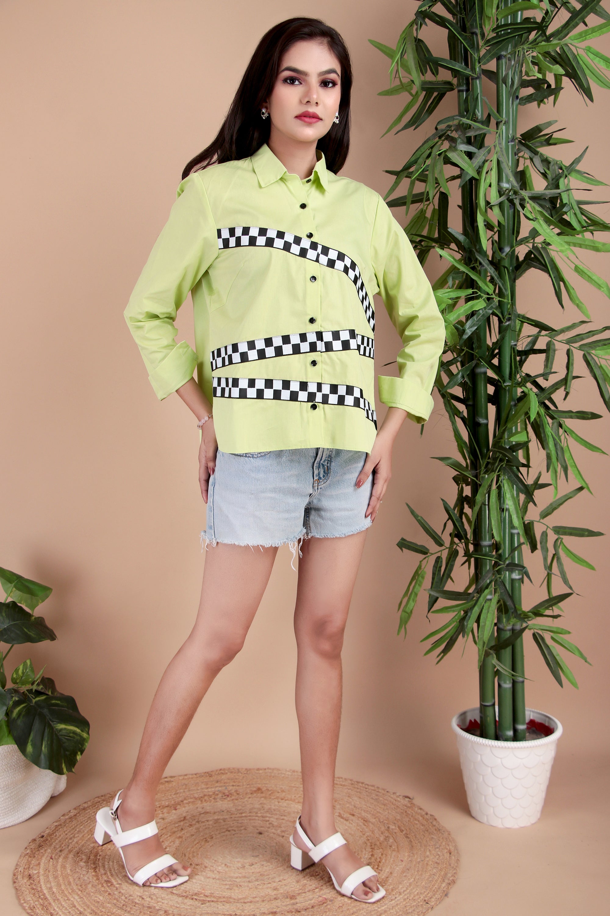 Lime Check Panel Cotton Poplin Shirt