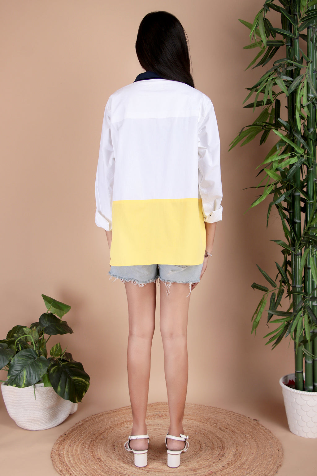White & Yellow Colourblock Cotton Poplin Shirt