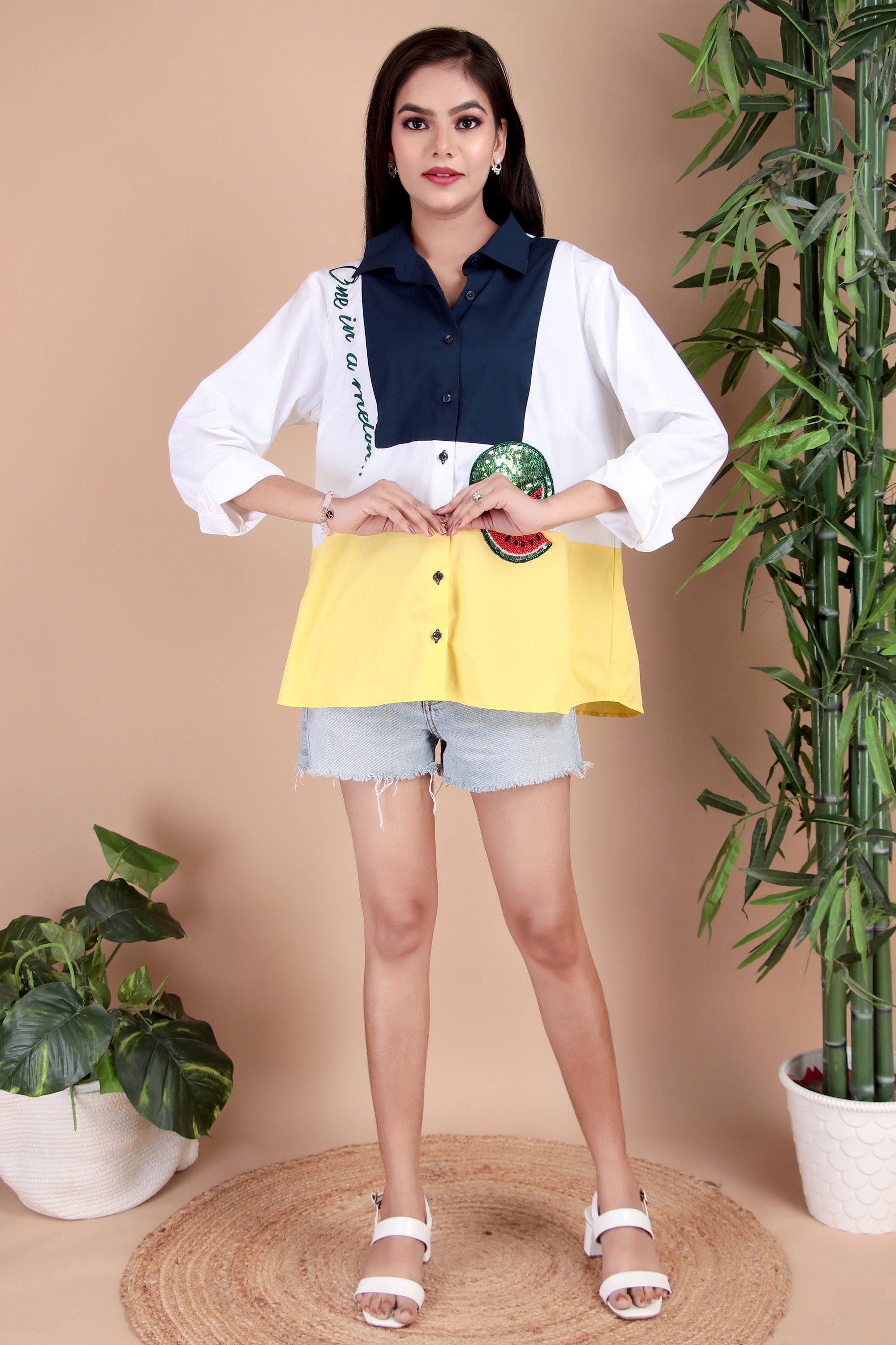 White & Yellow Colourblock Cotton Poplin Shirt