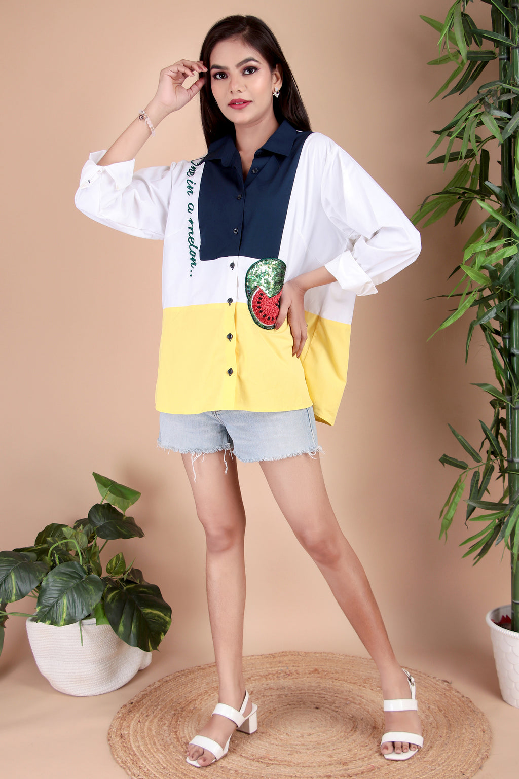 White & Yellow Colourblock Cotton Poplin Shirt