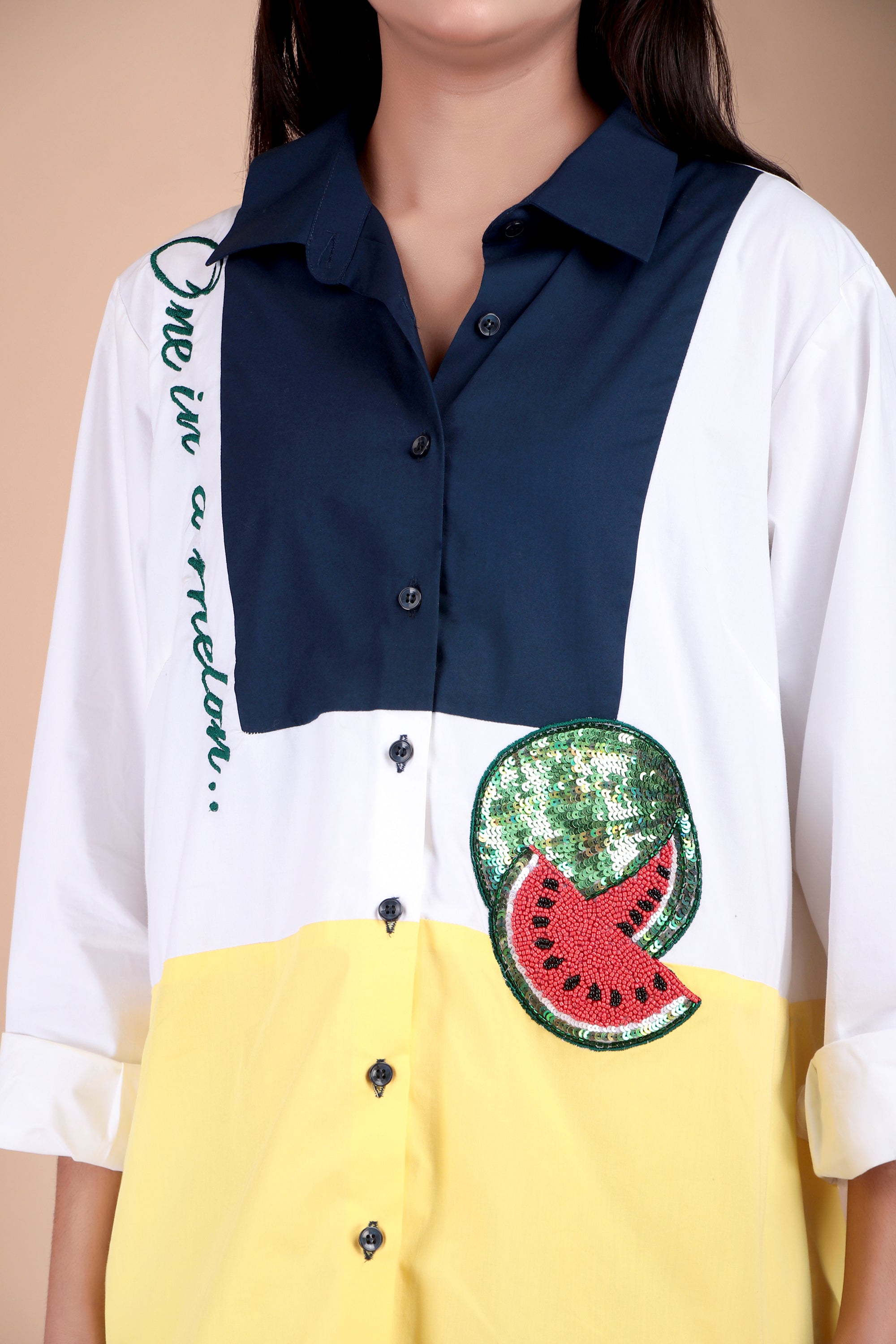 White & Yellow Colourblock Cotton Poplin Shirt