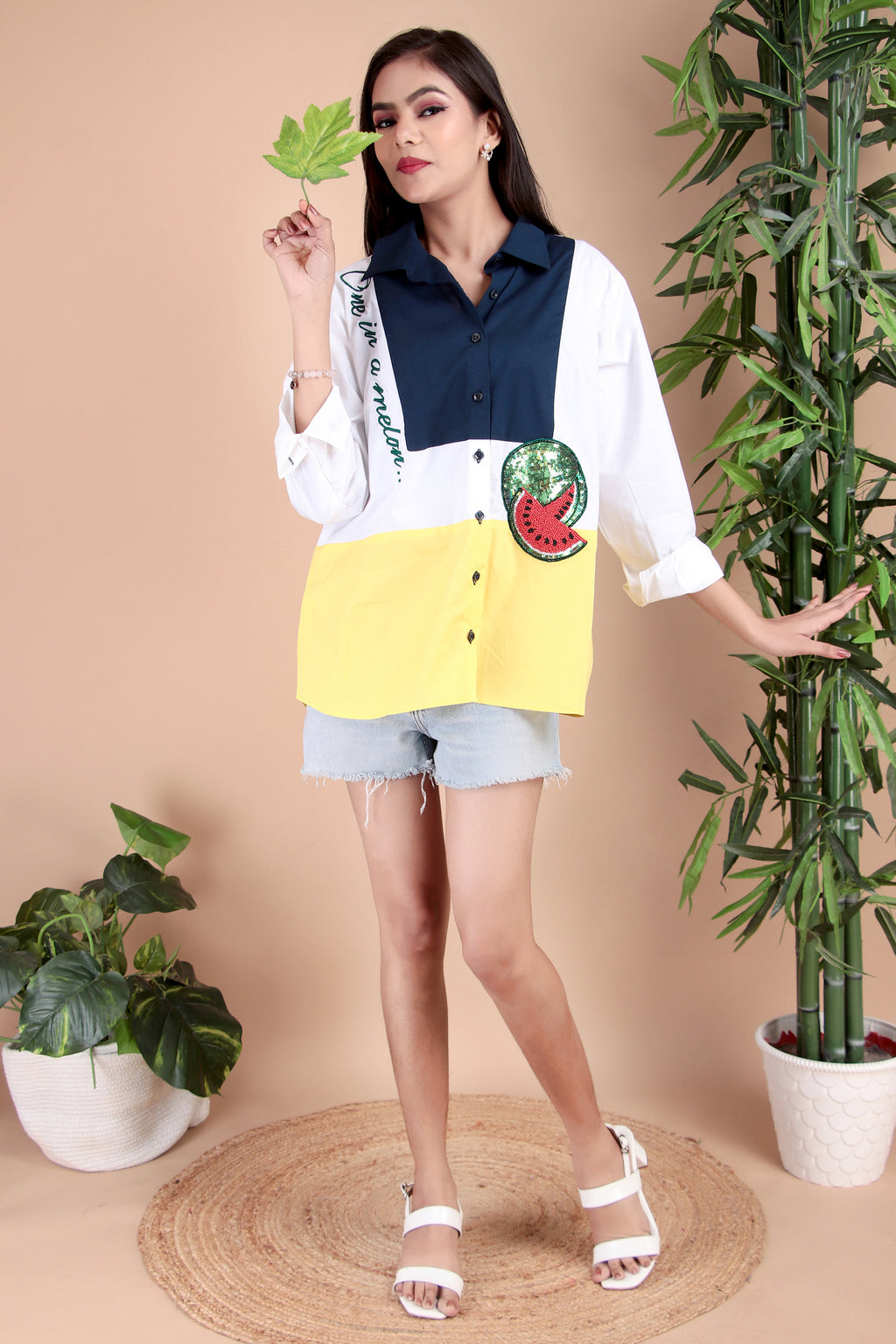 White & Yellow Colourblock Cotton Poplin Shirt