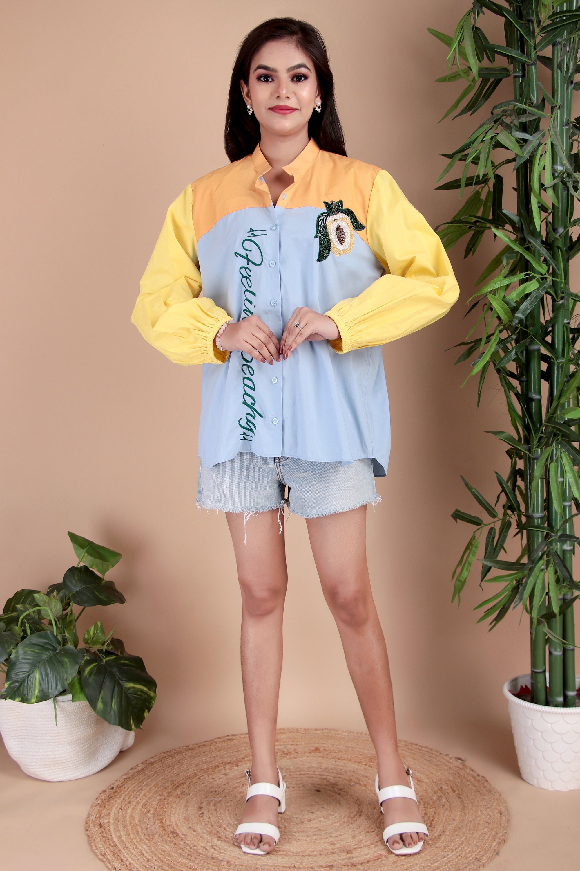 Sky Blue & Yellow Cotton Poplin Shirt