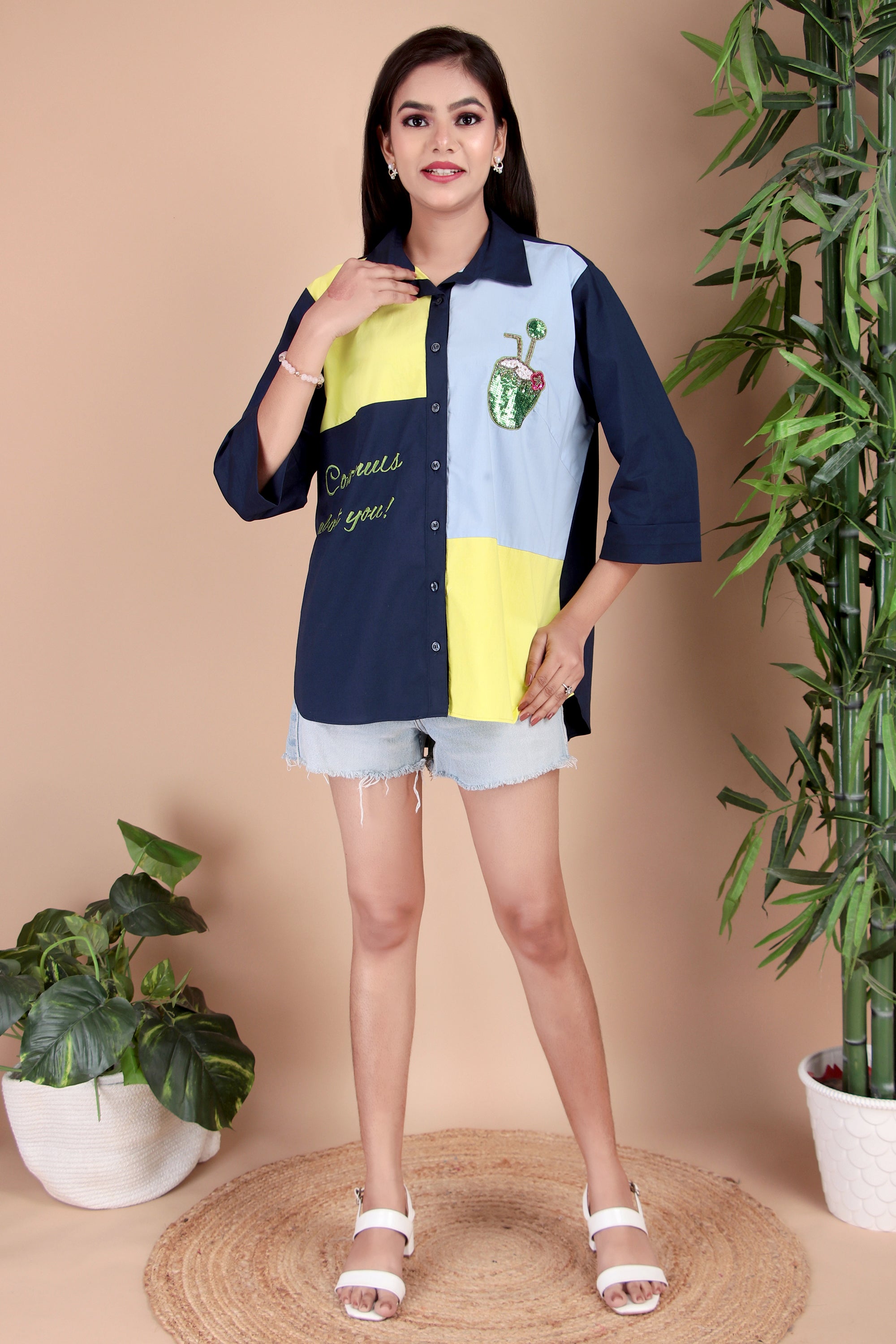 Navy, Lime & Sky Blue Cotton Poplin Shirt