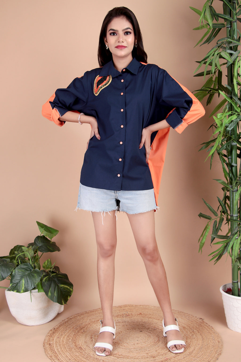 Navy & Coral Contrast Cotton Poplin Shirt