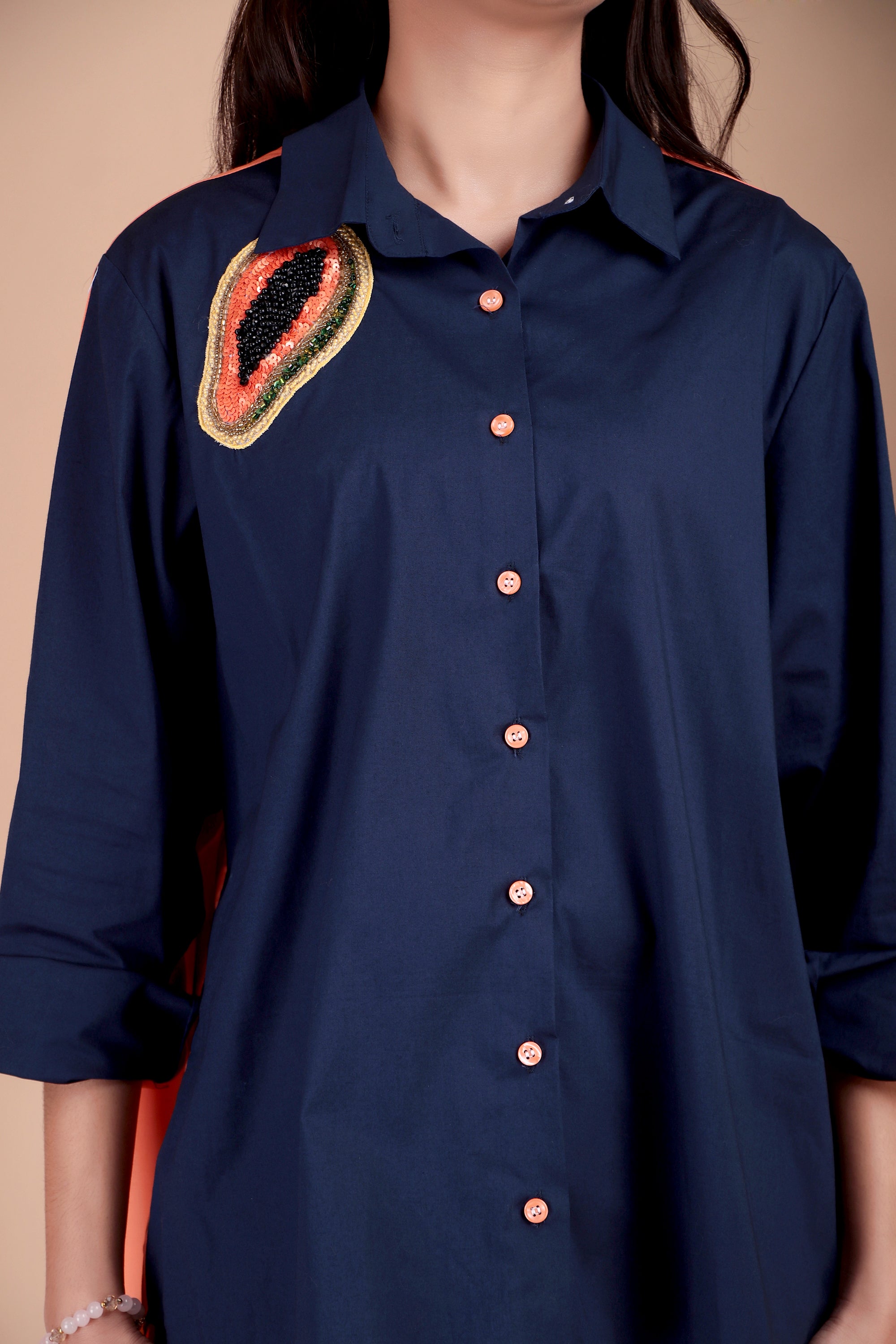 Navy & Coral Contrast Cotton Poplin Shirt