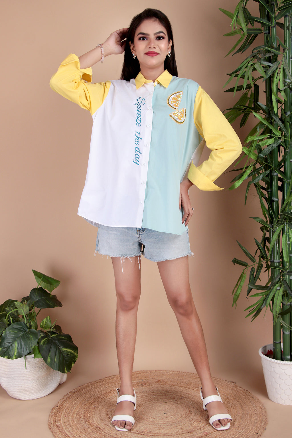 Yellow & Sky Blue Colourblock Cotton Poplin Shirt