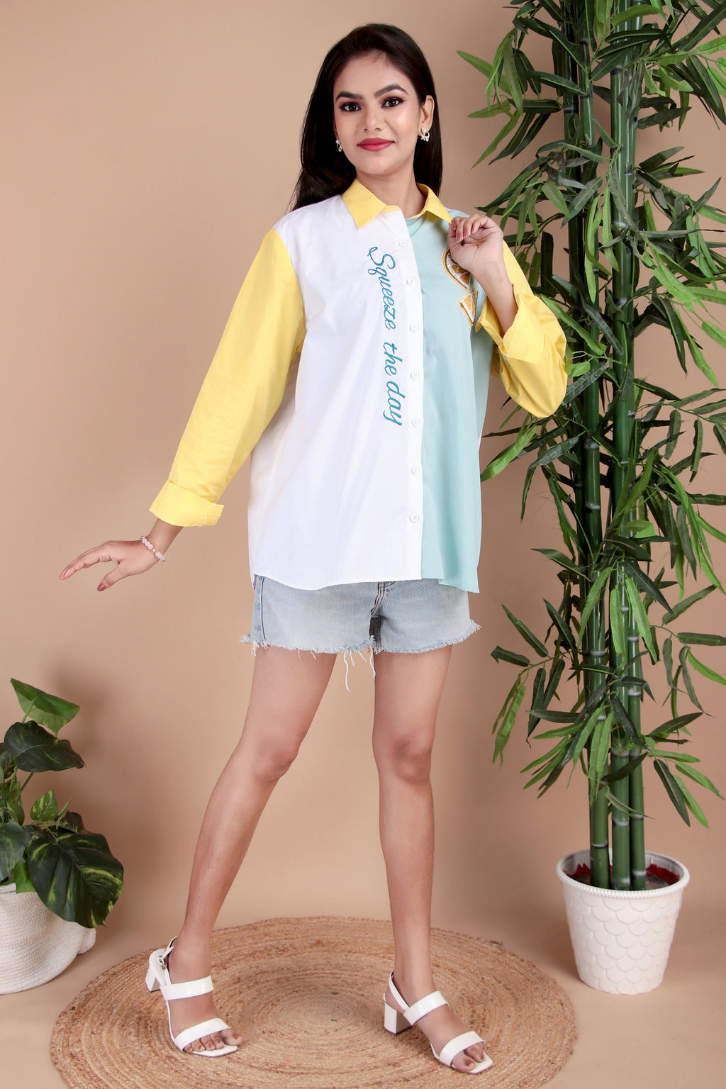 Yellow & Sky Blue Colourblock Cotton Poplin Shirt