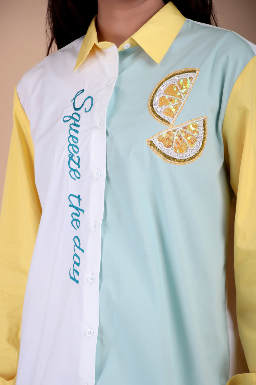 Yellow & Sky Blue Colourblock Cotton Poplin Shirt
