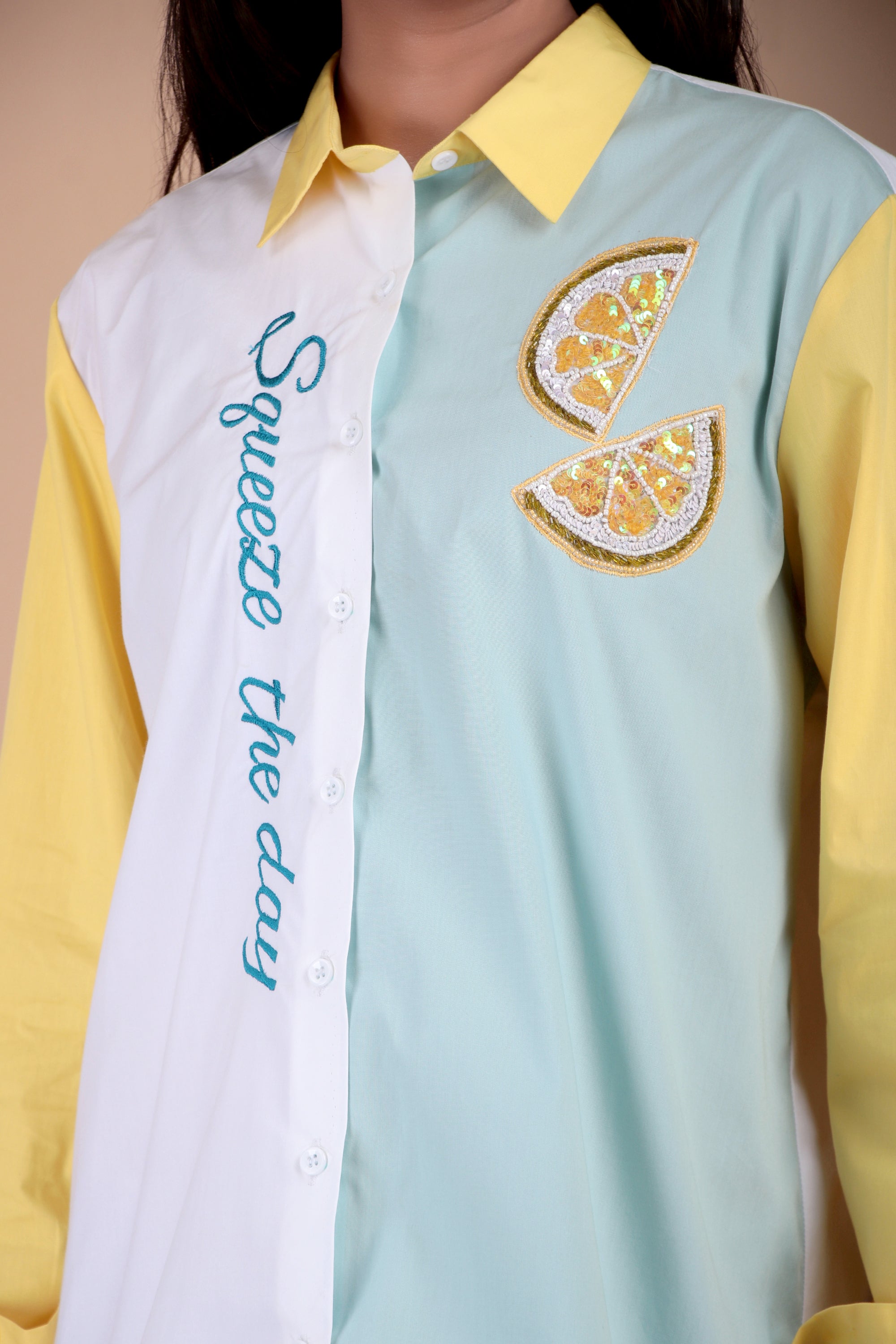 Yellow & Sky Blue Colourblock Cotton Poplin Shirt