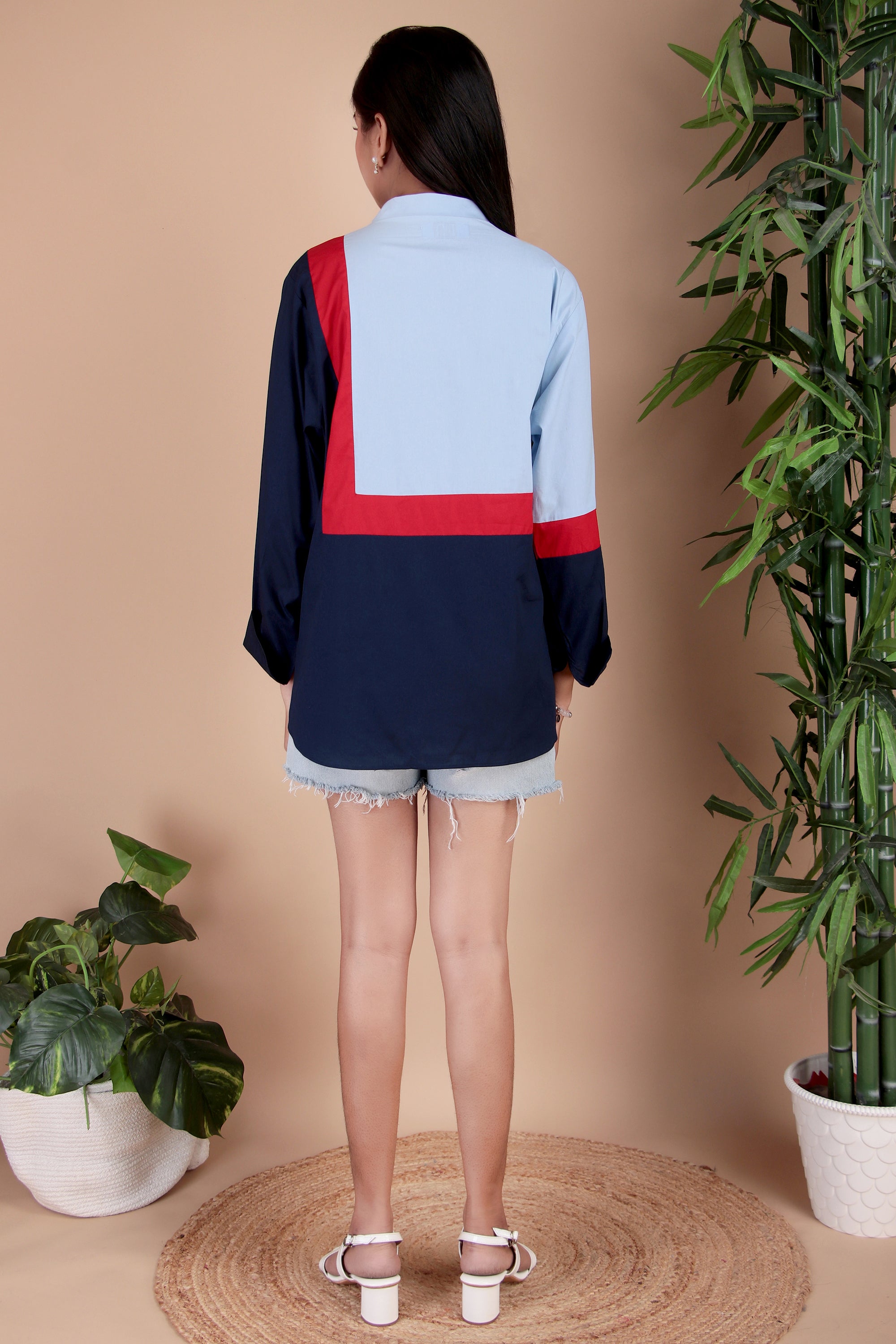 Sky Blue, Navy & Red Cotton Poplin Shirt