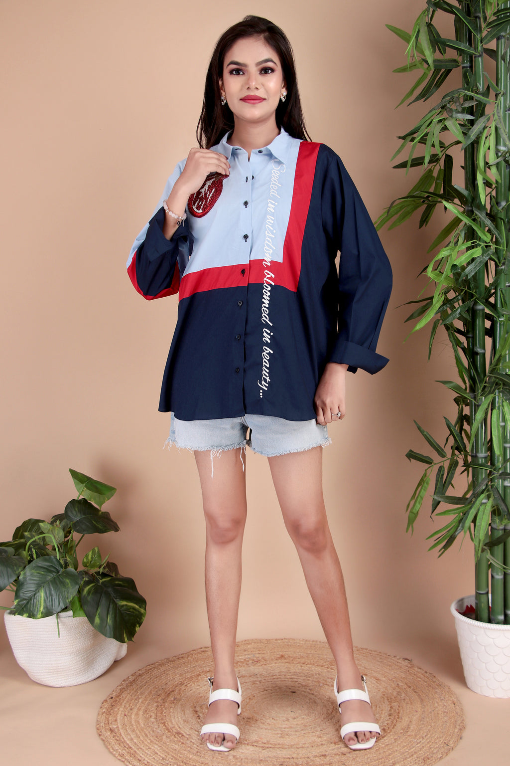 Sky Blue, Navy & Red Cotton Poplin Shirt