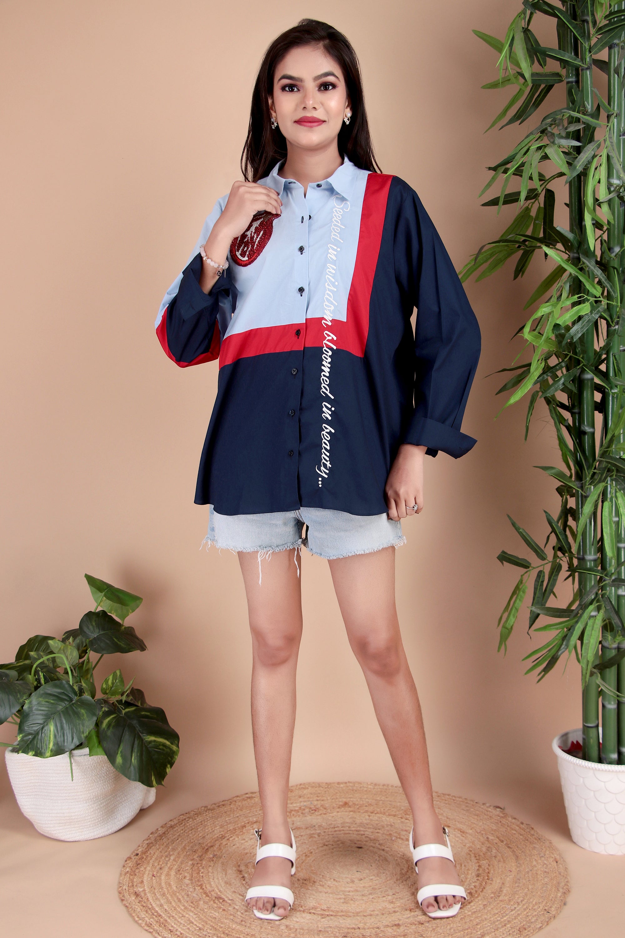 Sky Blue, Navy & Red Cotton Poplin Shirt