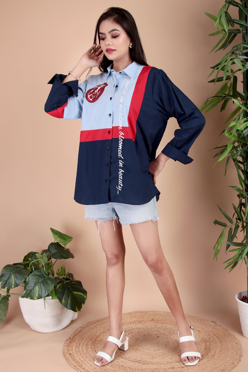 Sky Blue, Navy & Red Cotton Poplin Shirt