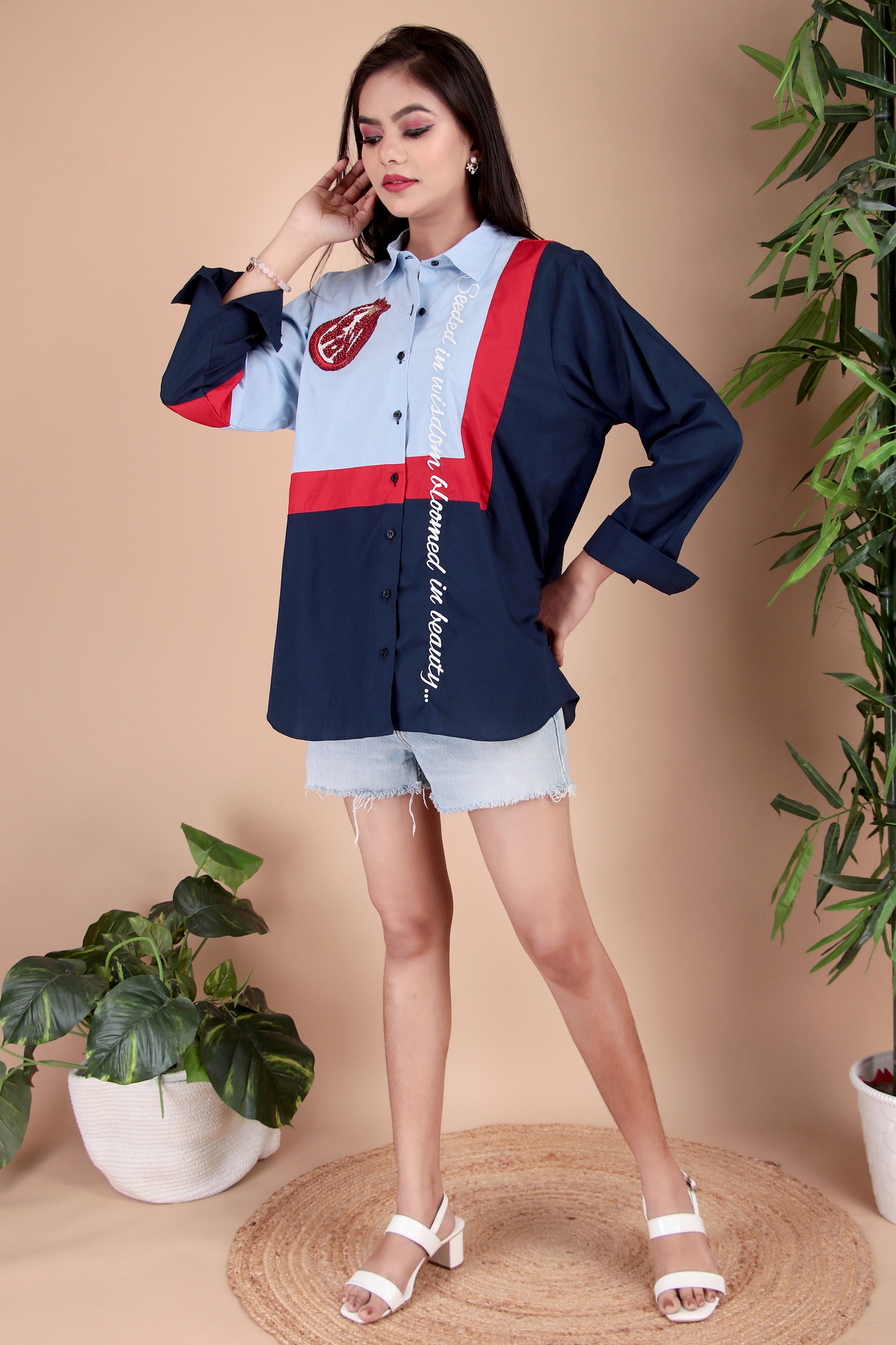 Sky Blue, Navy & Red Cotton Poplin Shirt