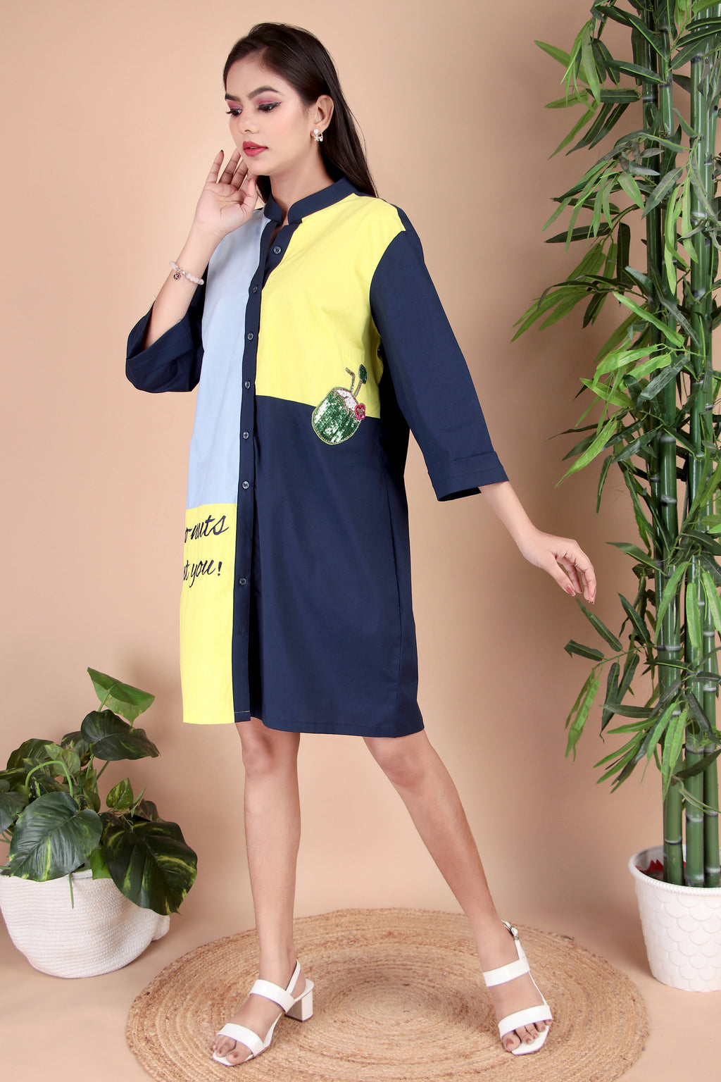 Navy, Yellow & Sky Blue Cotton Poplin Shirt