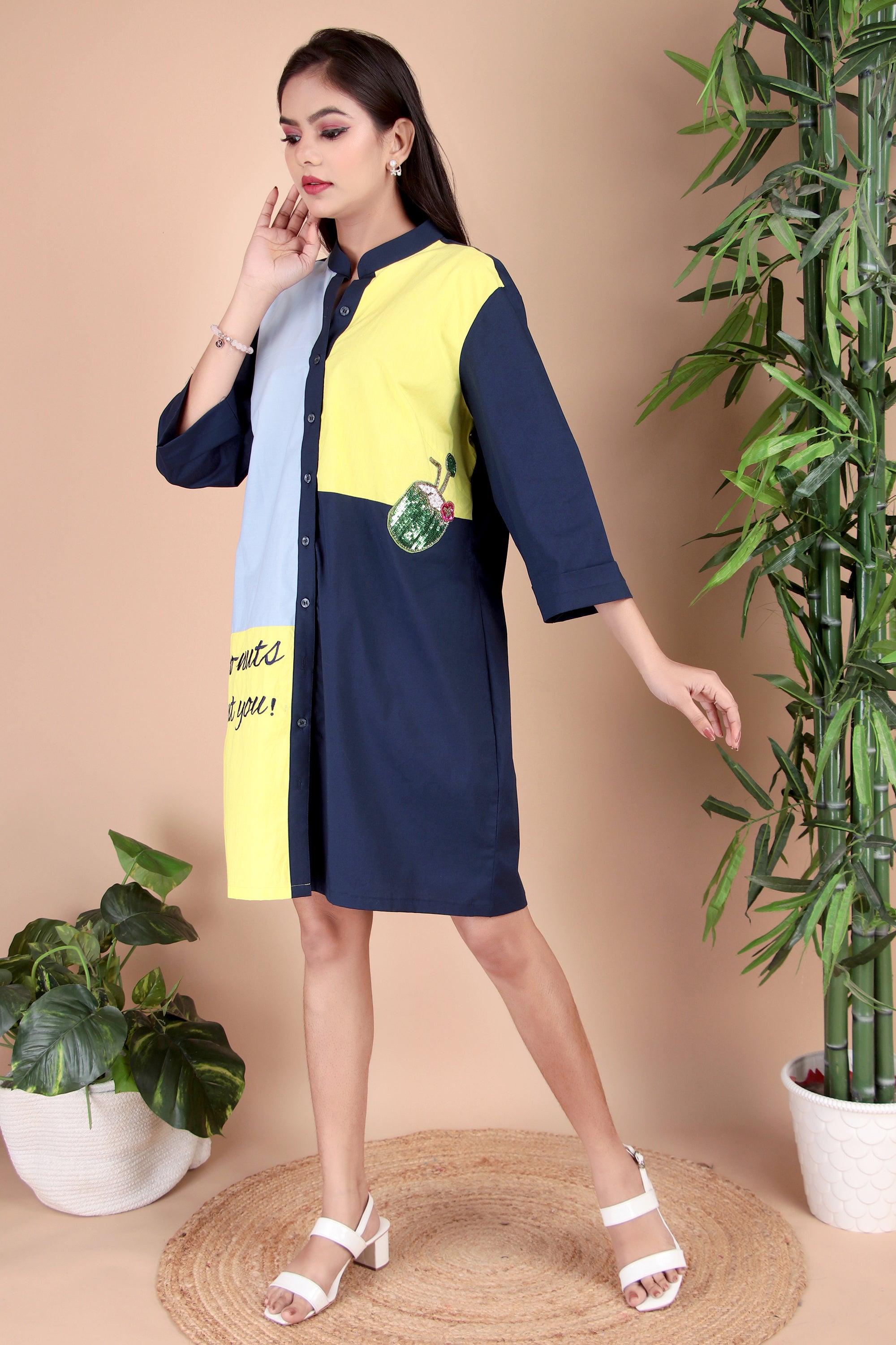 Navy, Yellow & Sky Blue Cotton Poplin Shirt
