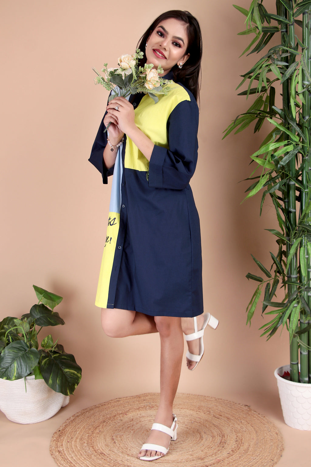 Navy, Yellow & Sky Blue Cotton Poplin Shirt