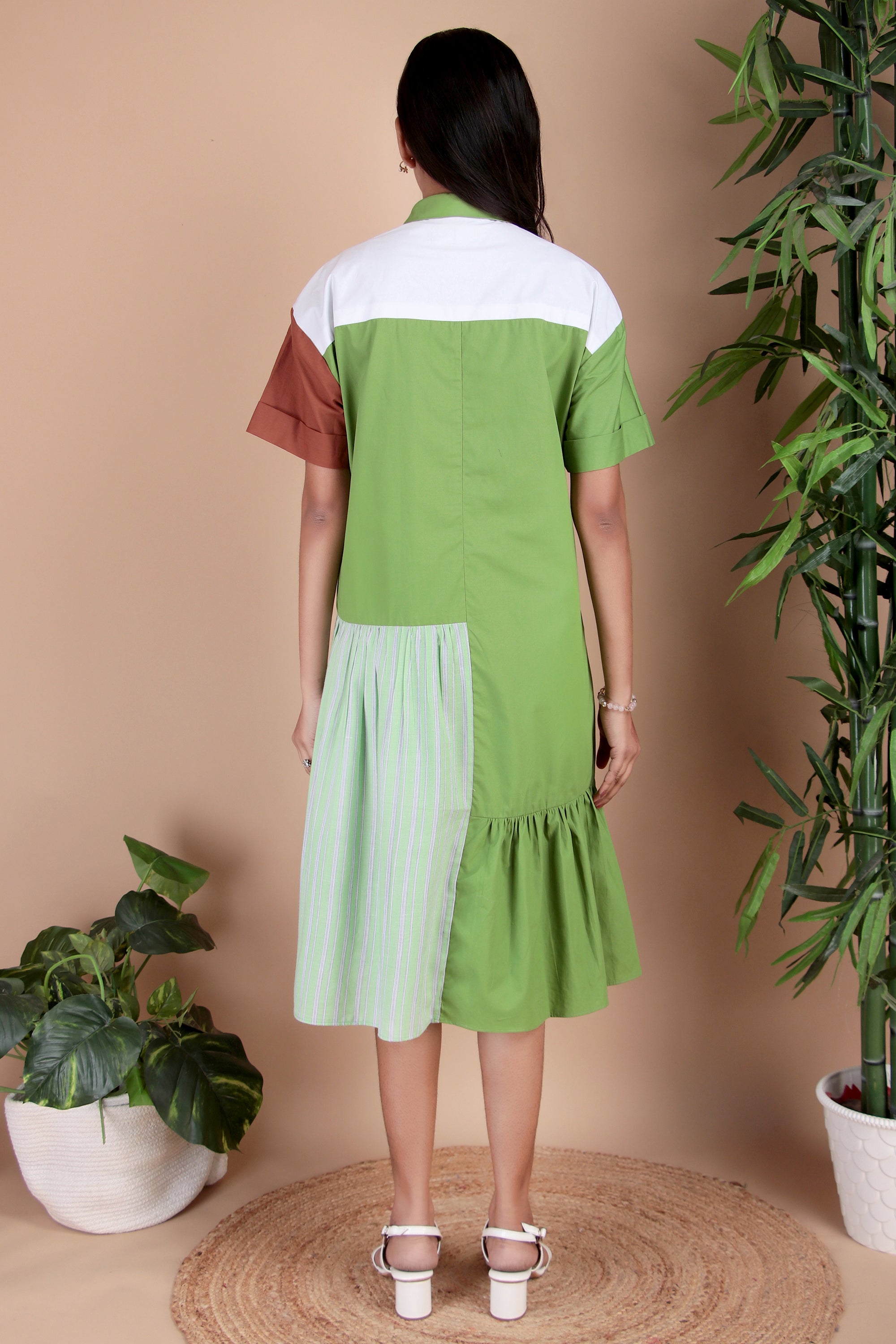 Green & Aqua Colourblock Cotton Poplin Dress