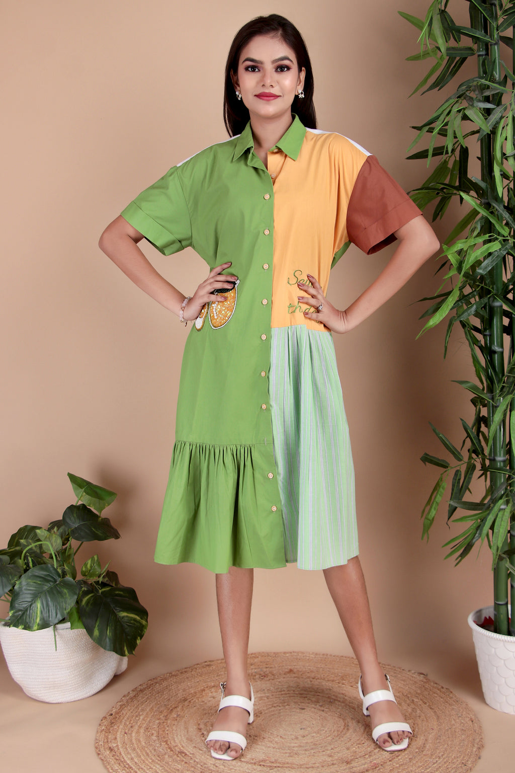 Green & Aqua Colourblock Cotton Poplin Dress