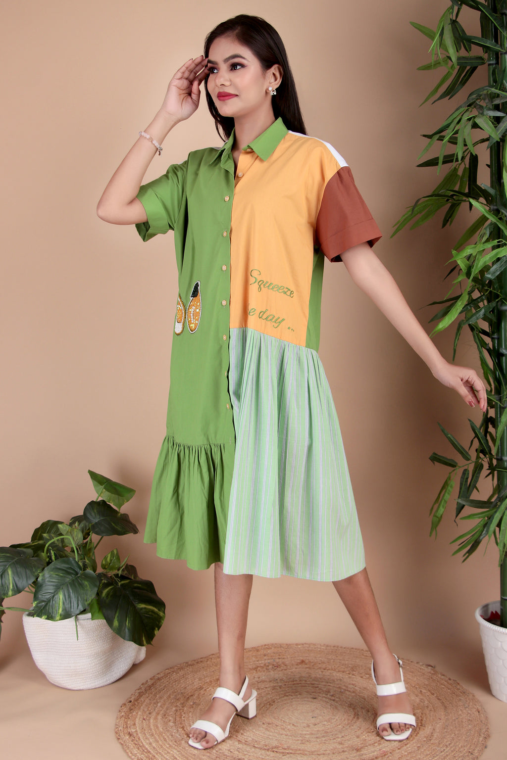 Green & Aqua Colourblock Cotton Poplin Dress