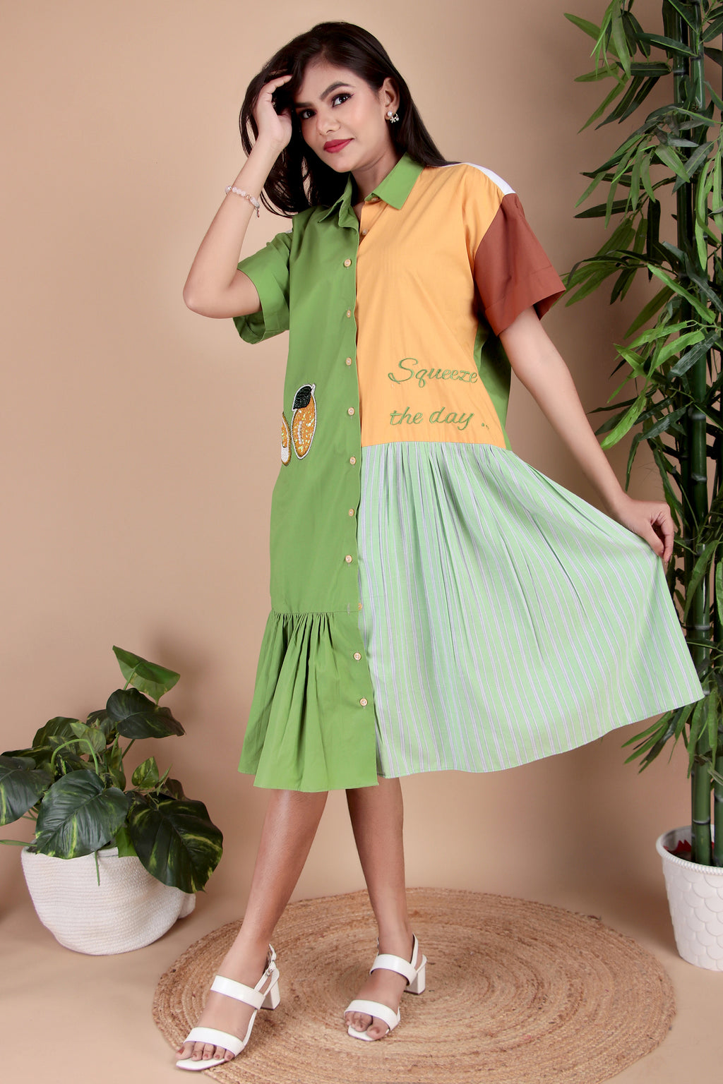 Green & Aqua Colourblock Cotton Poplin Dress