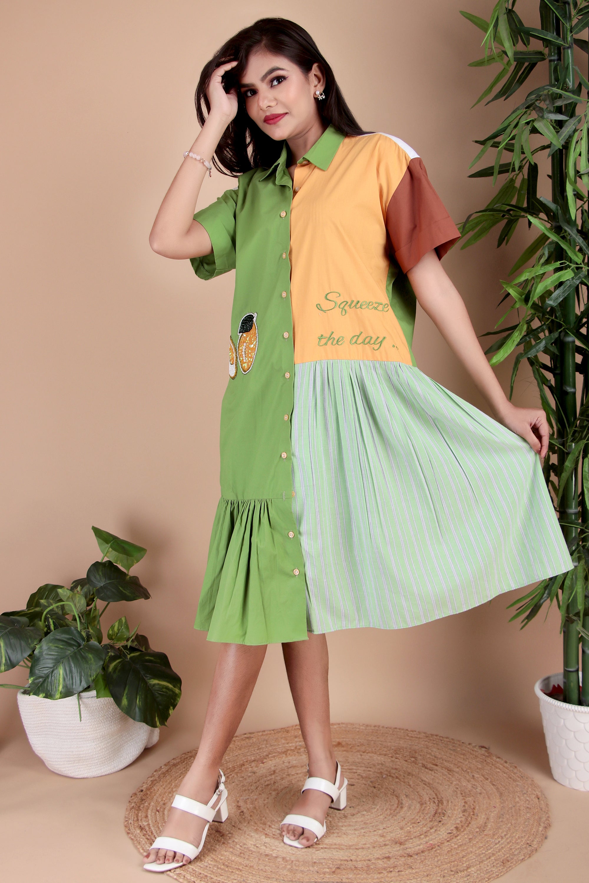 Green & Aqua Colourblock Cotton Poplin Dress