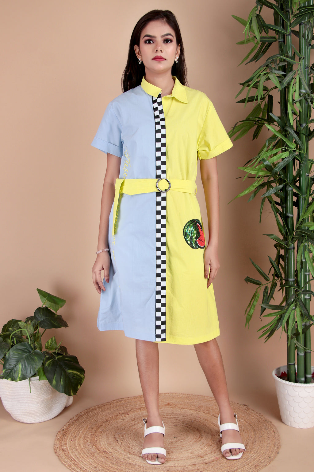 Sky Blue & Yellow Colourblock Cotton Poplin Dress