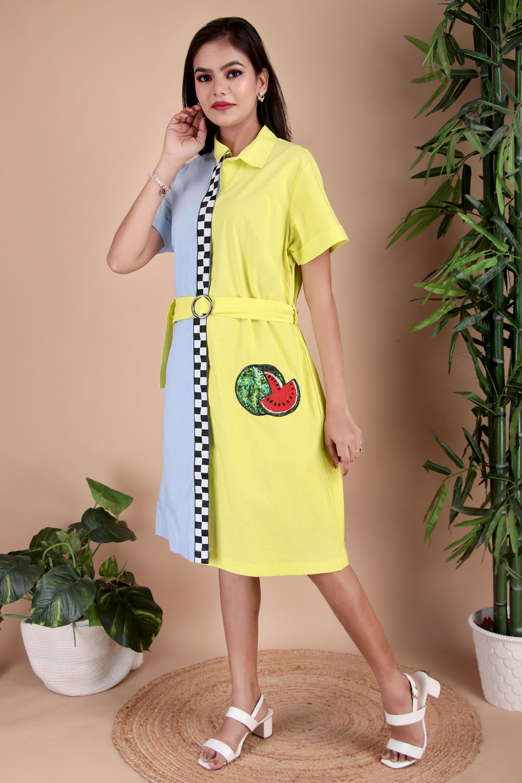Sky Blue & Yellow Colourblock Cotton Poplin Dress