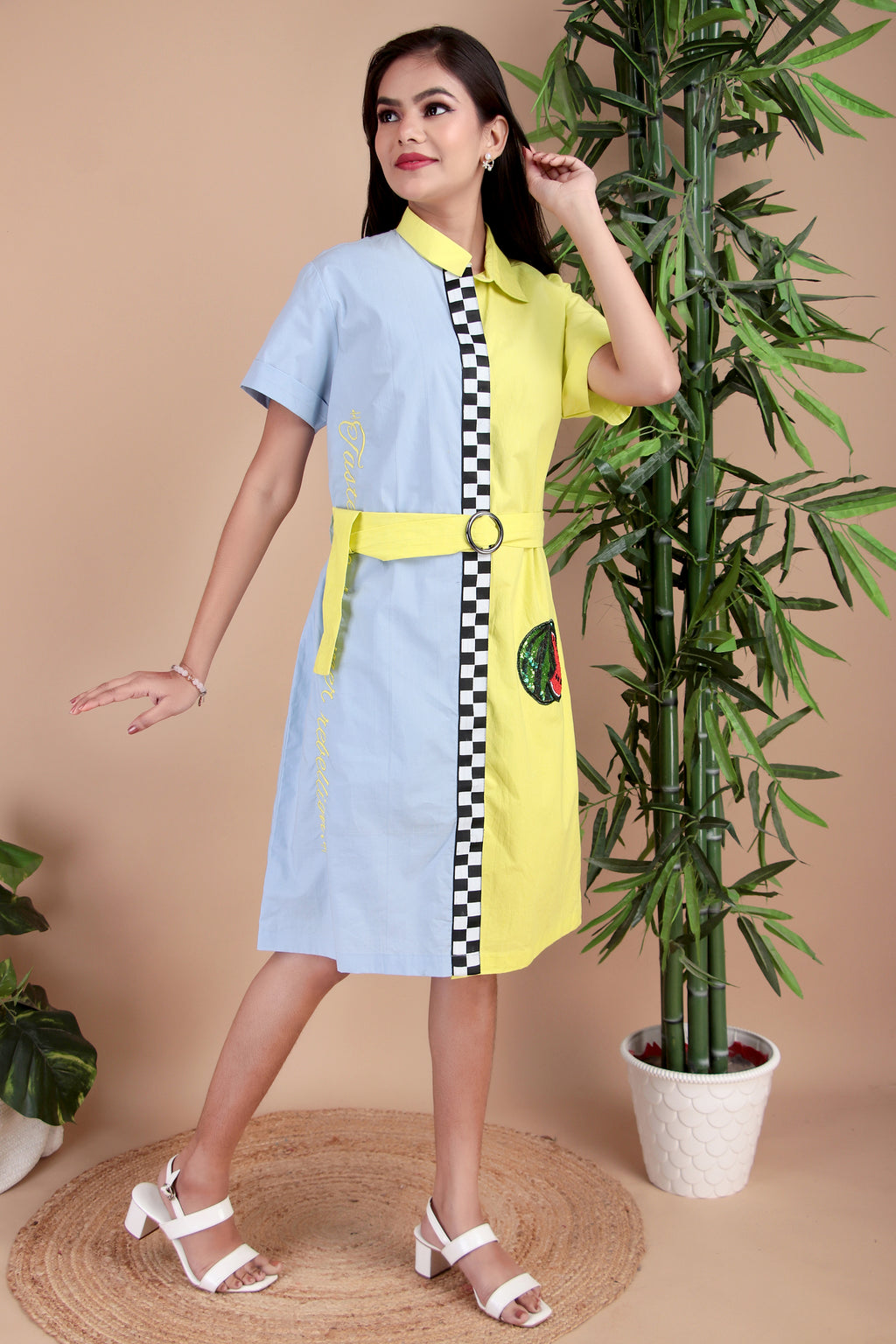 Sky Blue & Yellow Colourblock Cotton Poplin Dress
