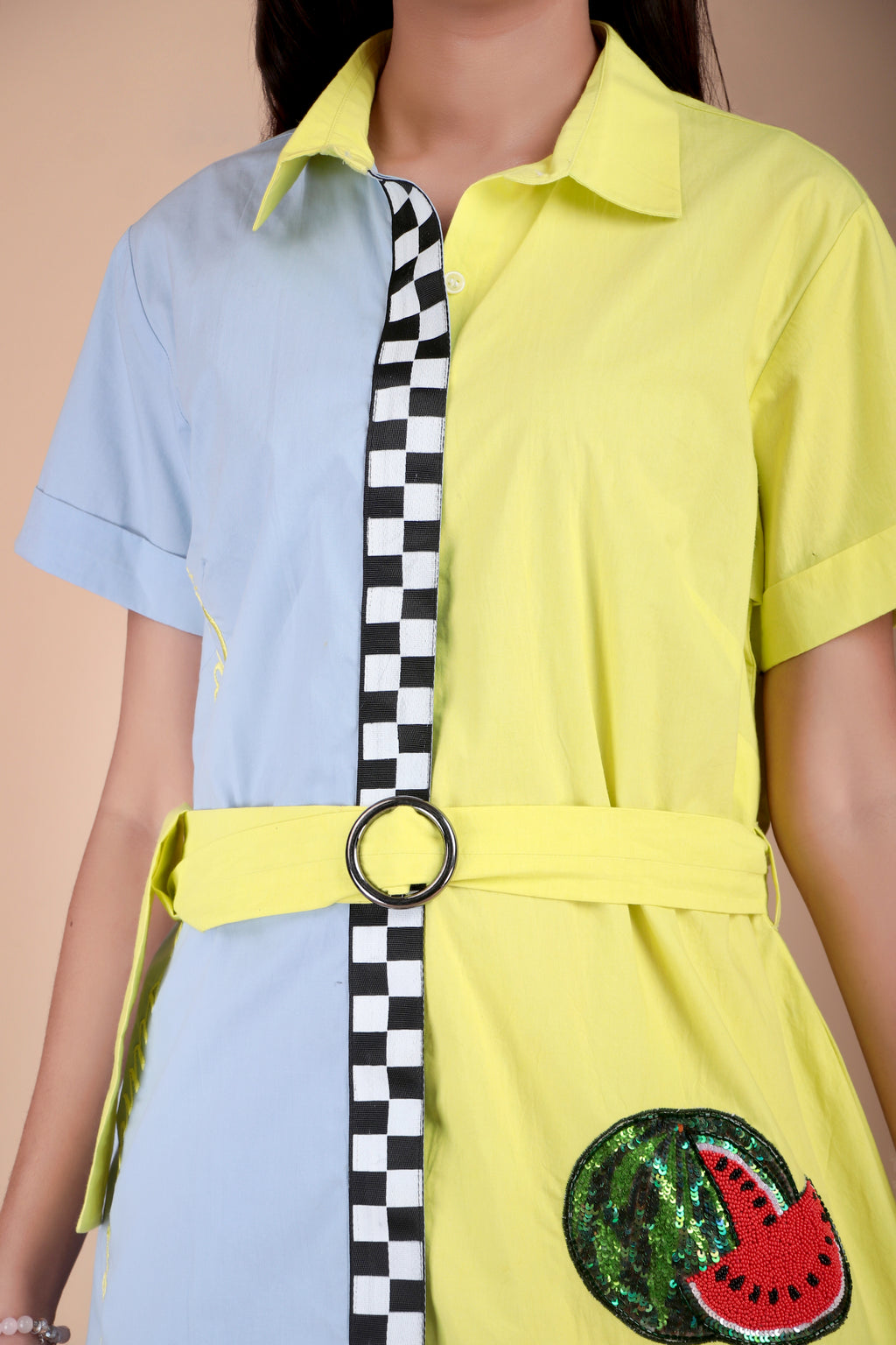 Sky Blue & Yellow Colourblock Cotton Poplin Dress