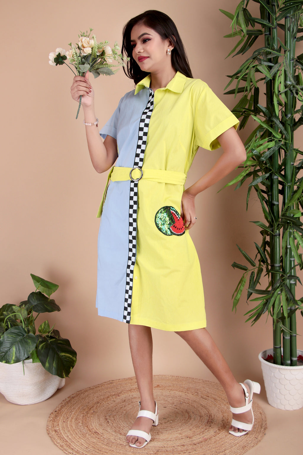 Sky Blue & Yellow Colourblock Cotton Poplin Dress