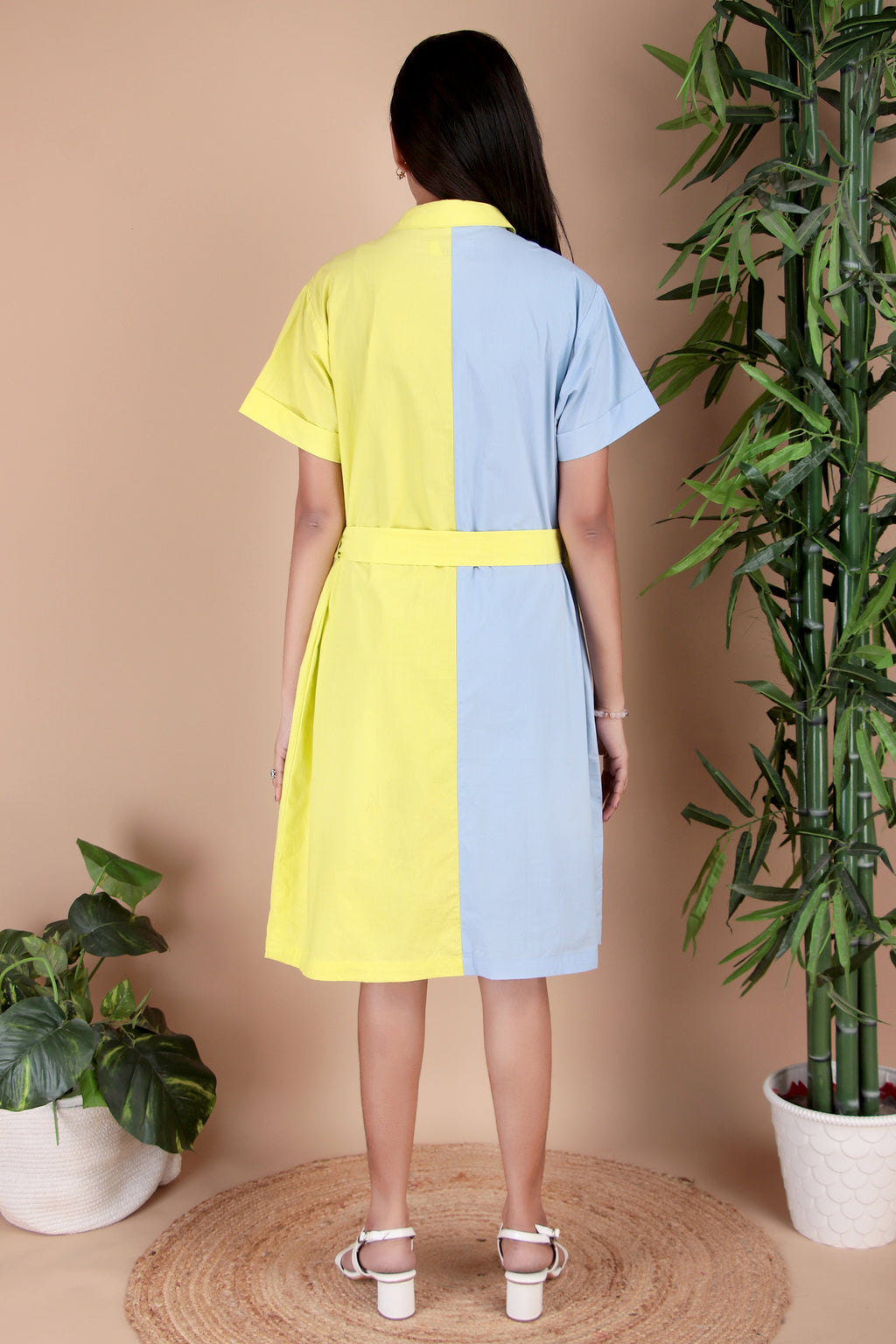 Sky Blue & Yellow Colourblock Cotton Poplin Dress