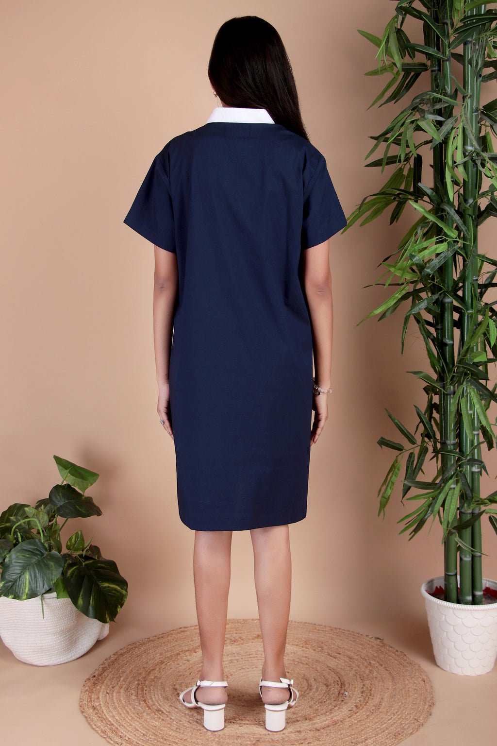 Navy & Orange Colourblock Cotton Poplin Dress