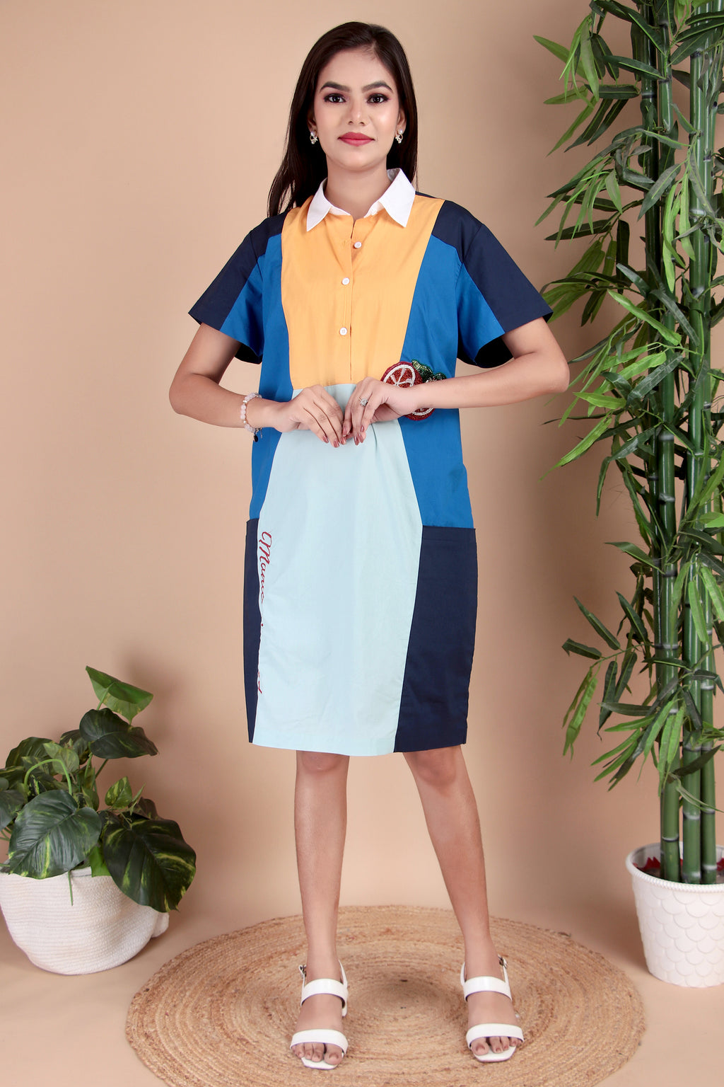 Navy & Orange Colourblock Cotton Poplin Dress