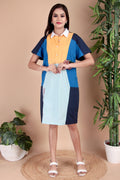 Navy & Orange Colourblock Cotton Poplin Dress