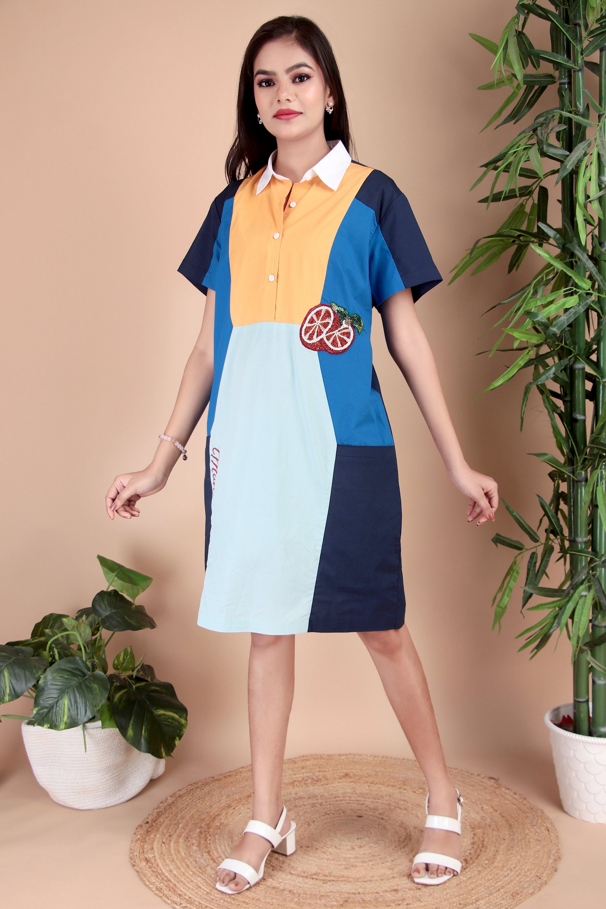 Navy & Orange Colourblock Cotton Poplin Dress