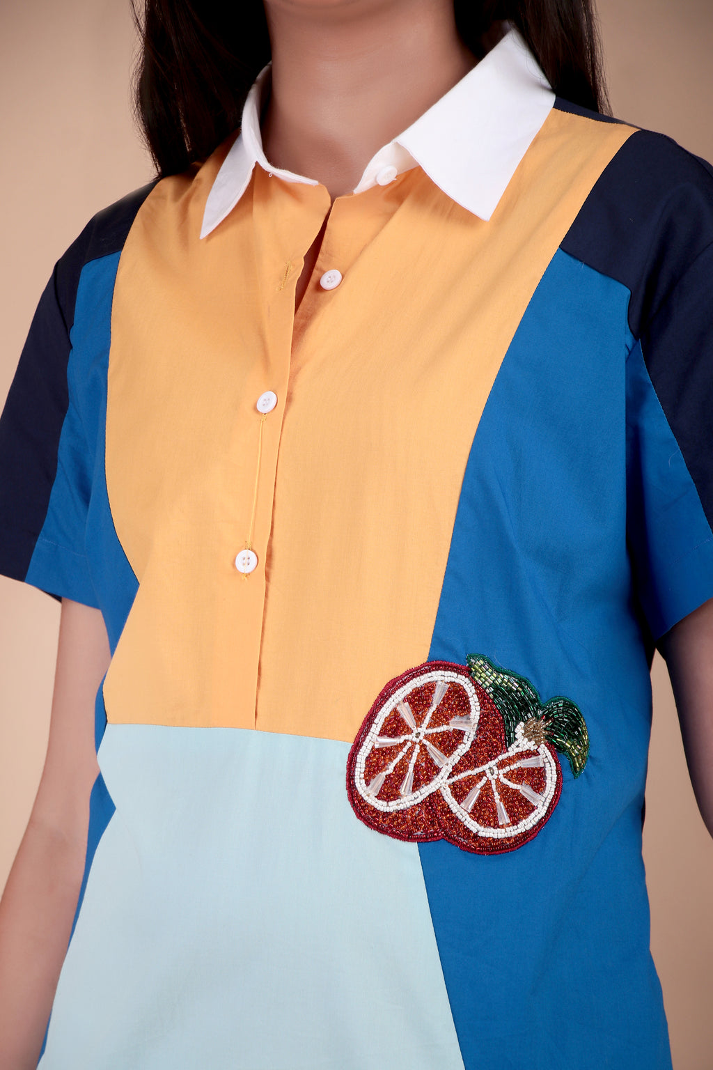 Navy & Orange Colourblock Cotton Poplin Dress