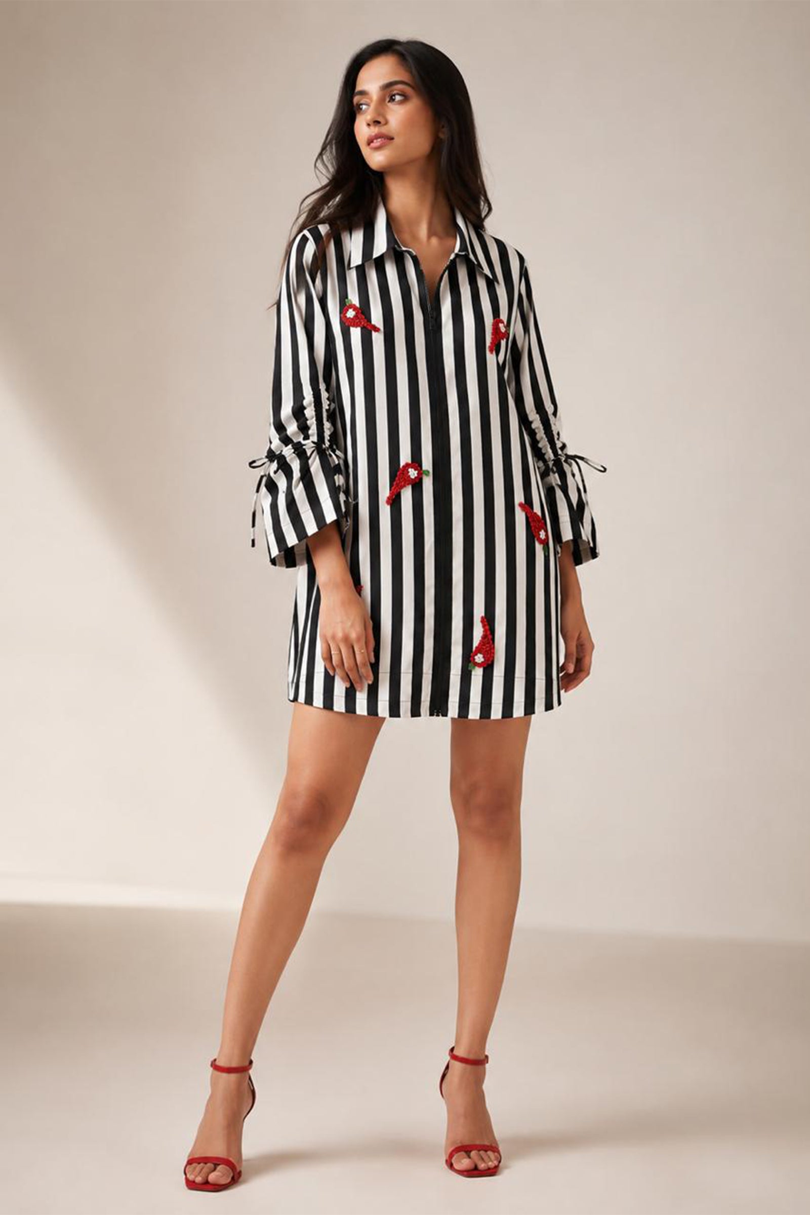 Black & White Striped Hand-Embroidered Cotton Shirt Dress
