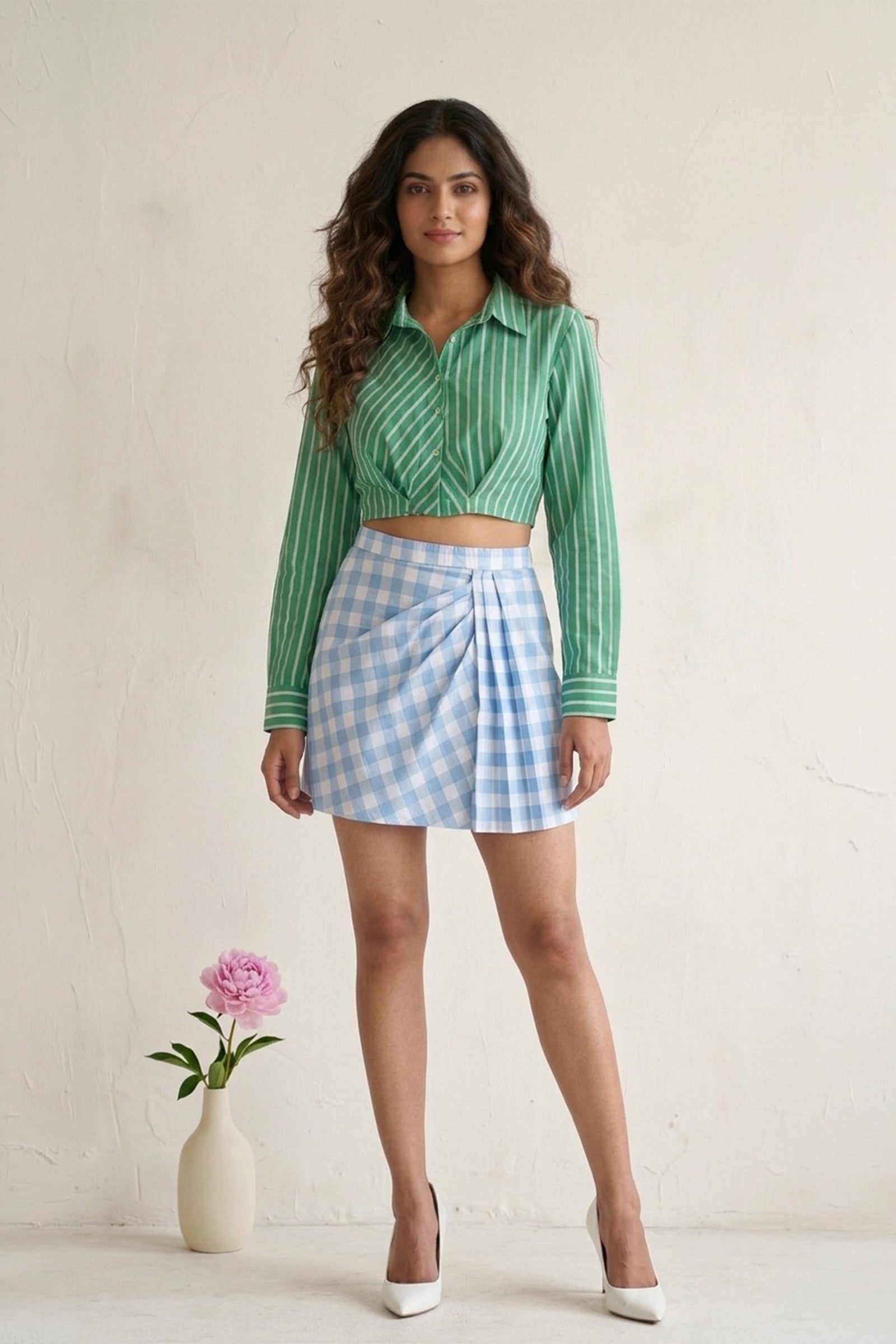 Green Stripe Cotton Shirt & Gingham Skirt Co-ord Set